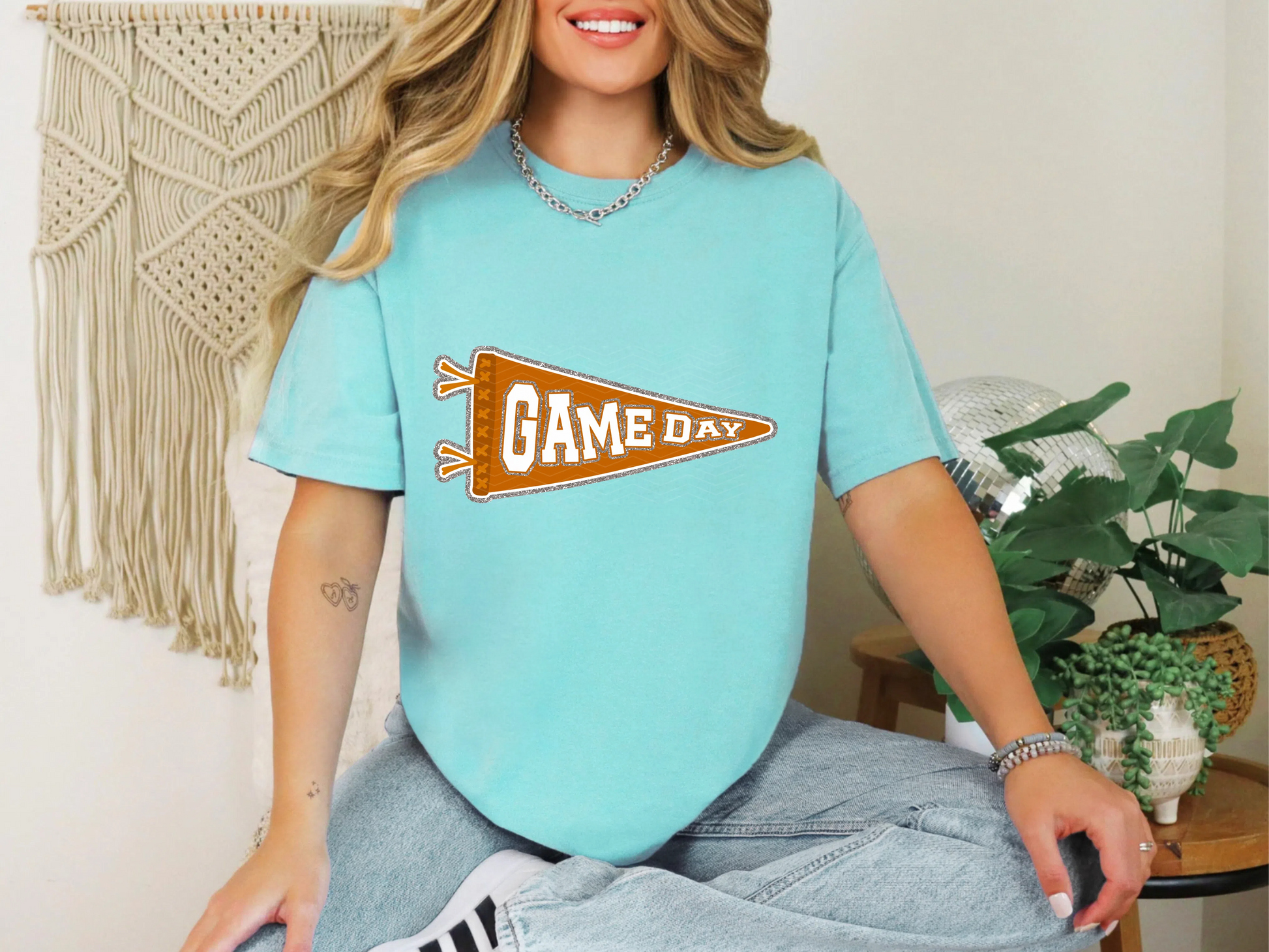 Game Day Pendant Silver 6 Oragne Burnt DTF TRANSFER