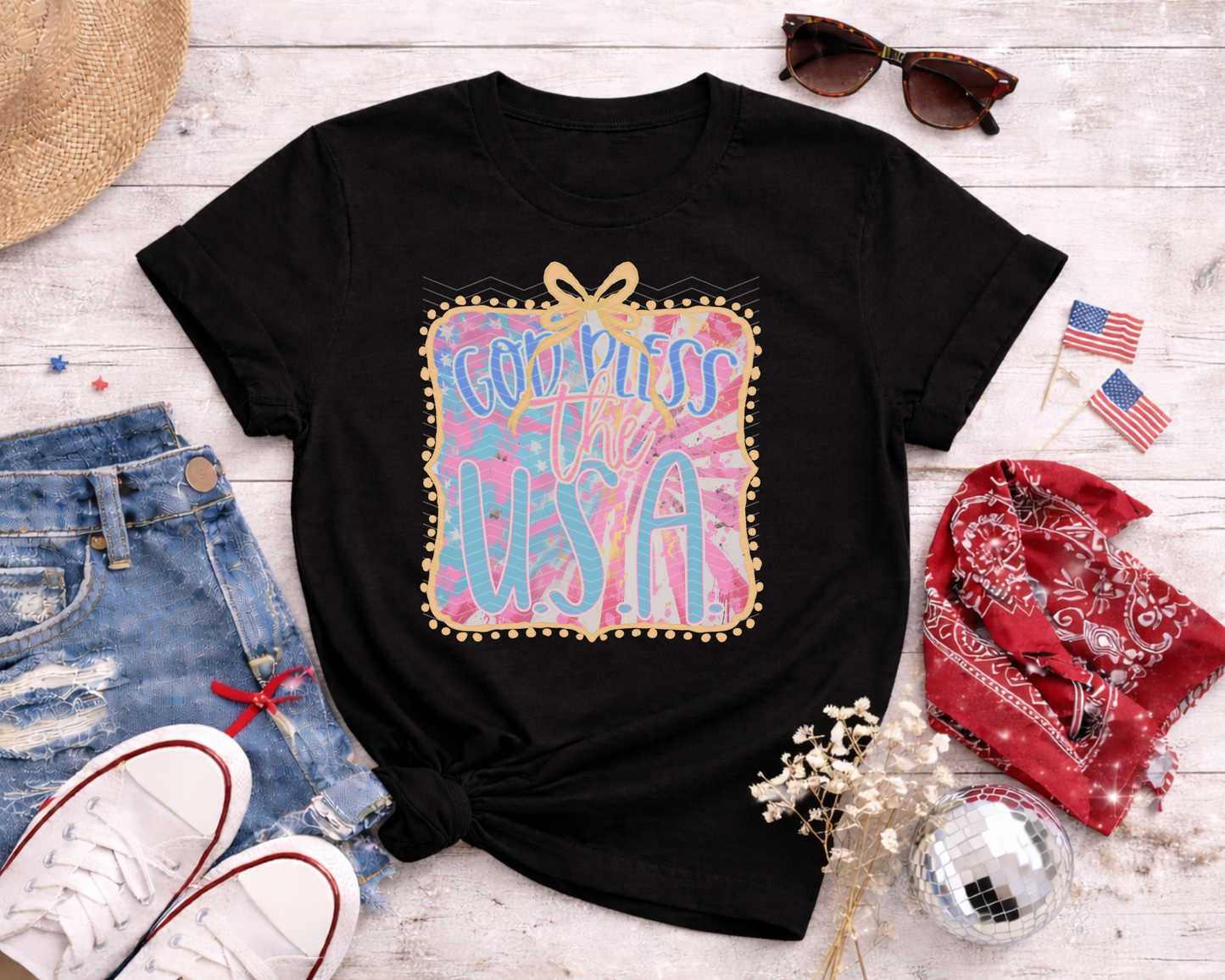 God Bless the USA Pink Light Blue Square DTF TRANSFER