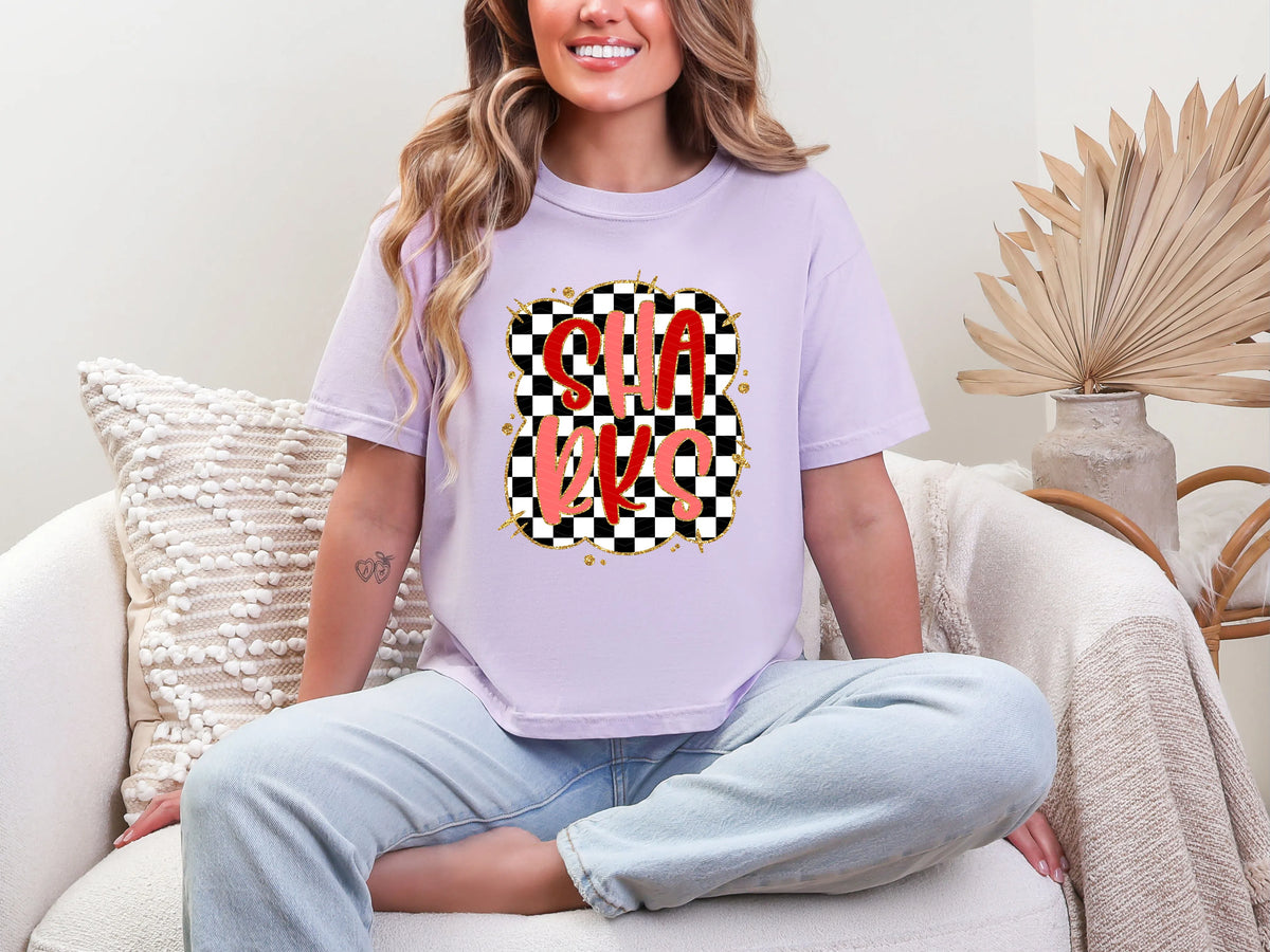 Gold Border Checkerboard Sharks DTF TRANSFER