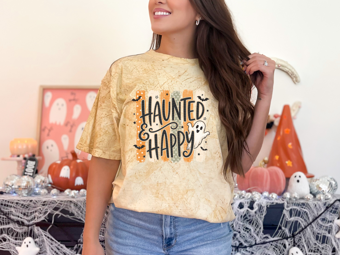 Halloween Stripes Haunted & Happy DTF TRANSFER