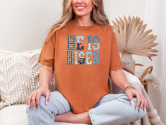 He Is Risen Blue Patchwork DTF TRANSFER