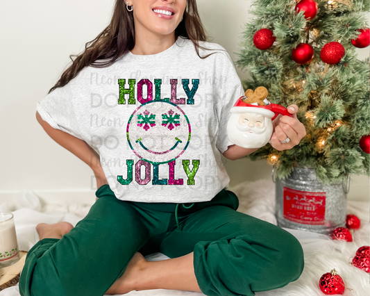 Holly Jolly Glitter Smiley DTF TRANSFER