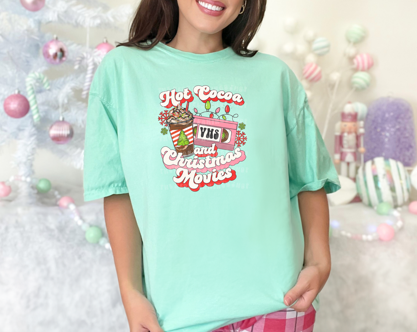 Hot Cocoa and Christmas Movies Pink Red DTF TRANSFER