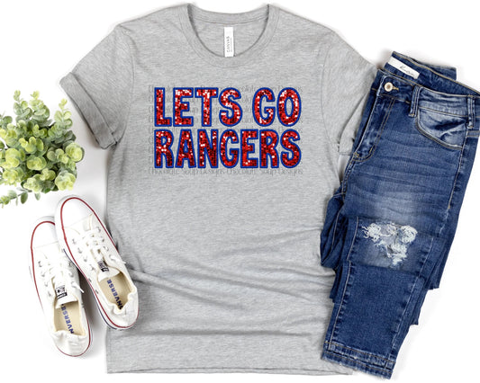 Let's Go Rangers Faux Embroidery Red Glitter DTF TRANSFER