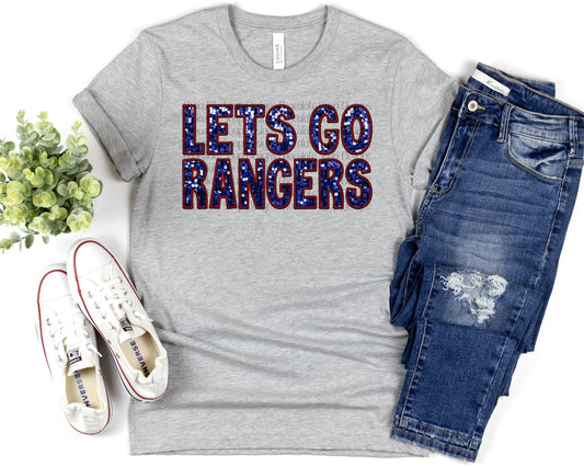 Let's Go Rangers Faux Embroidery Blue Glitter DTF TRANSFER