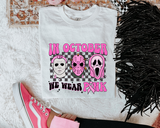 In October We Wear Pink Horror Characters Checkered DTF TRANSFER