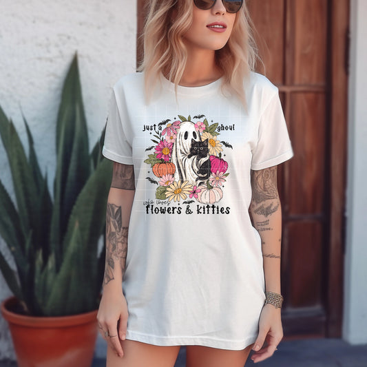 Just A Ghoul Who Loves Flowers & Kitties DTF TRANSFER