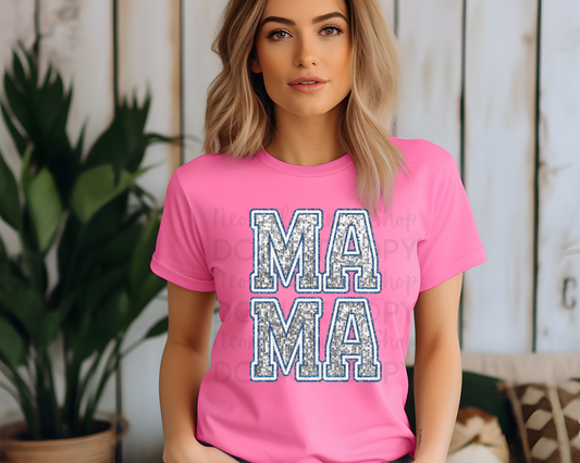 Mama Blue Silver Sequin DTF TRANSFER