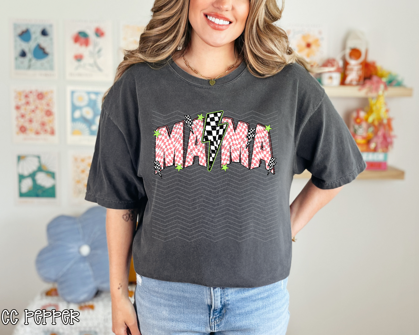 Mama Pink Checkered Bolt DTF TRANSFER