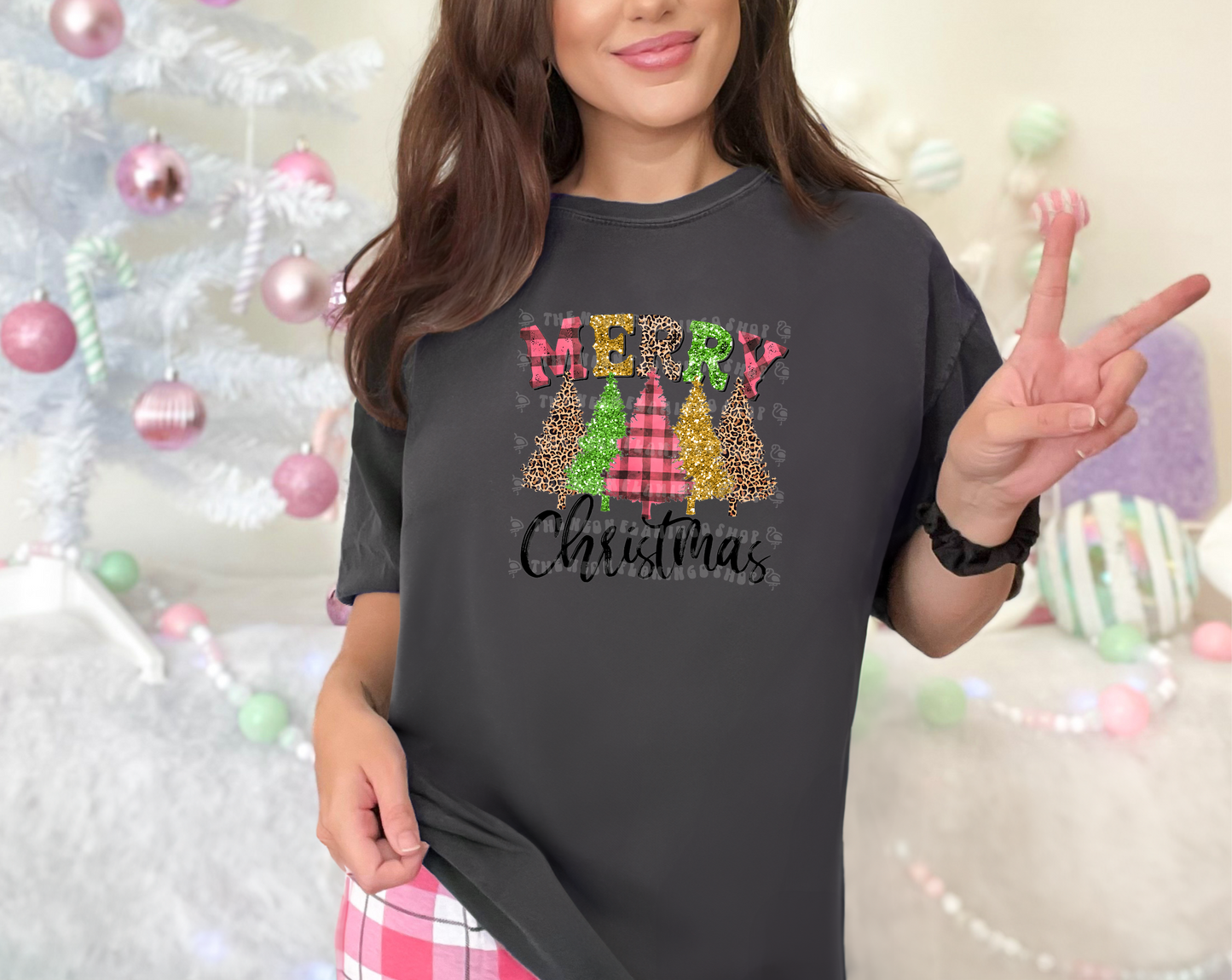 Merry Christmas Trees Pink Green Plaid Leopard DTF TRANSFER