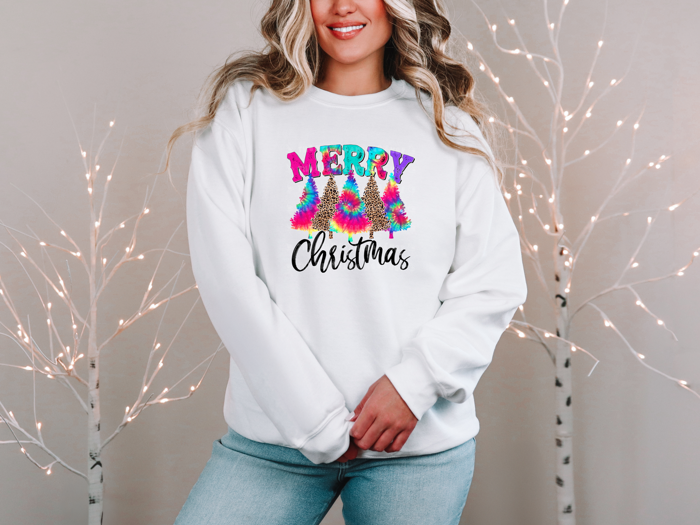 Merry Christmas Trees Rainbow Tie-Dye Leopard DTF TRANSFER