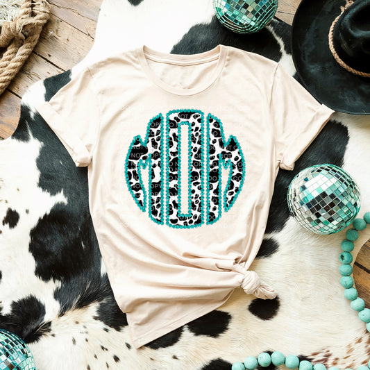 Mom Cow Hide Turquoise Monogram