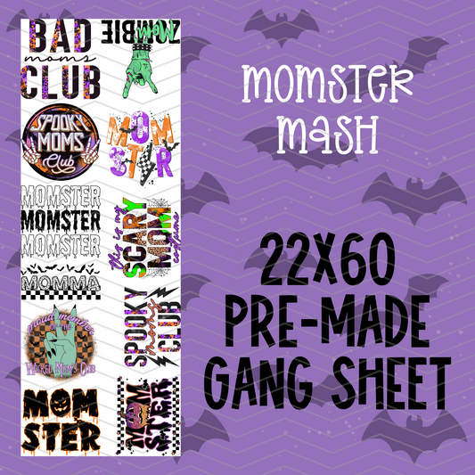 MOMster Mash Halloween Pre-Made Gang Sheet 22x60 DTF Transfers for Spooky Fun Graphics on Tees