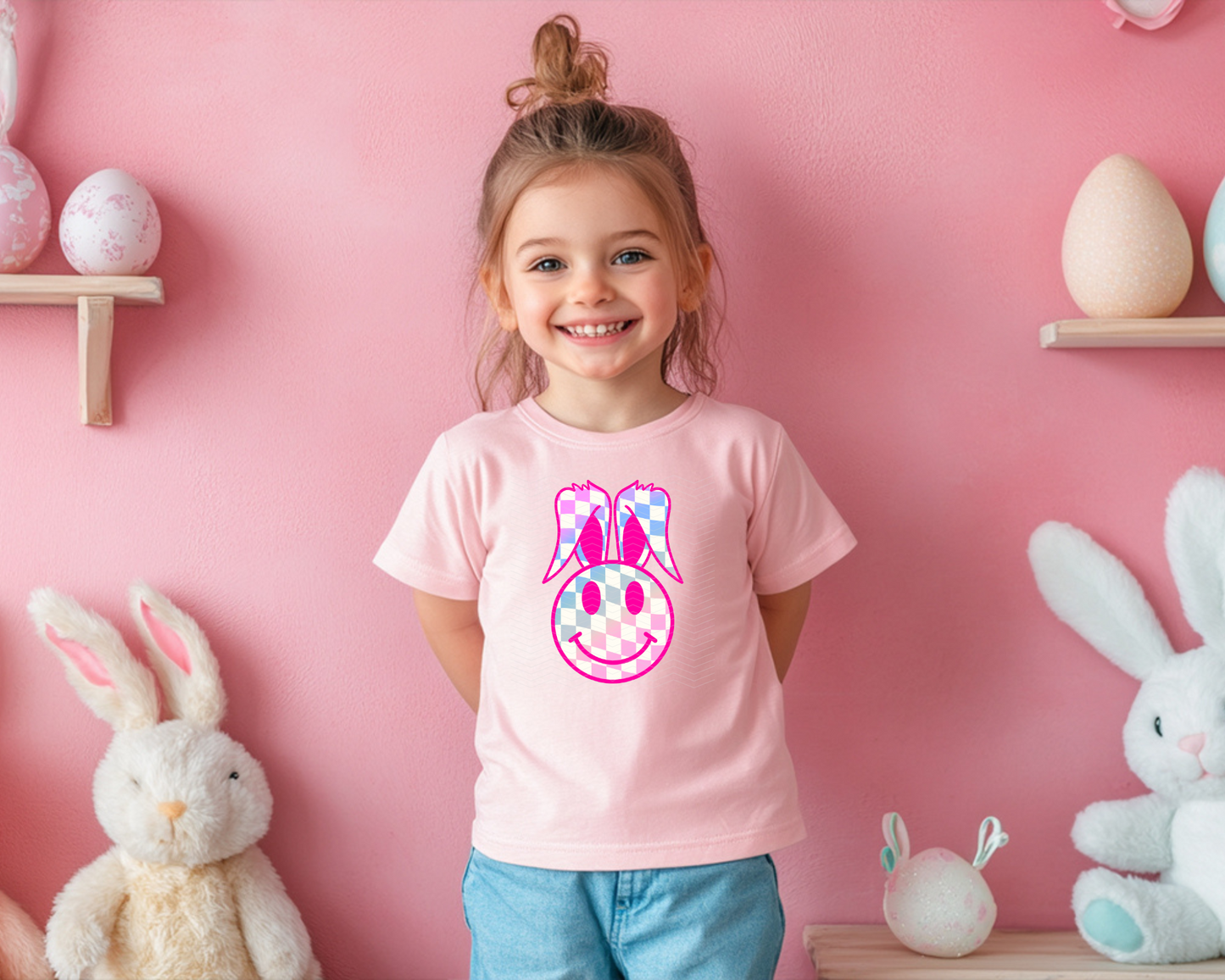 Neon Pink Rainbow Checkered Bunny