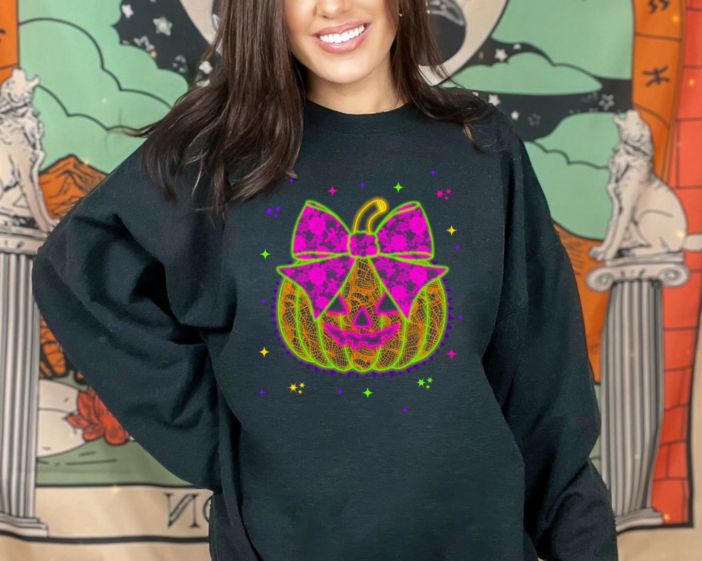 Neon Pumpkin Lace Bow