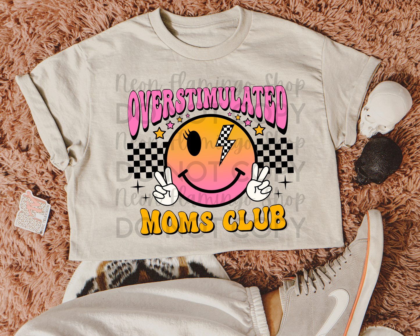 Overstimulated Moms Club pink smiley