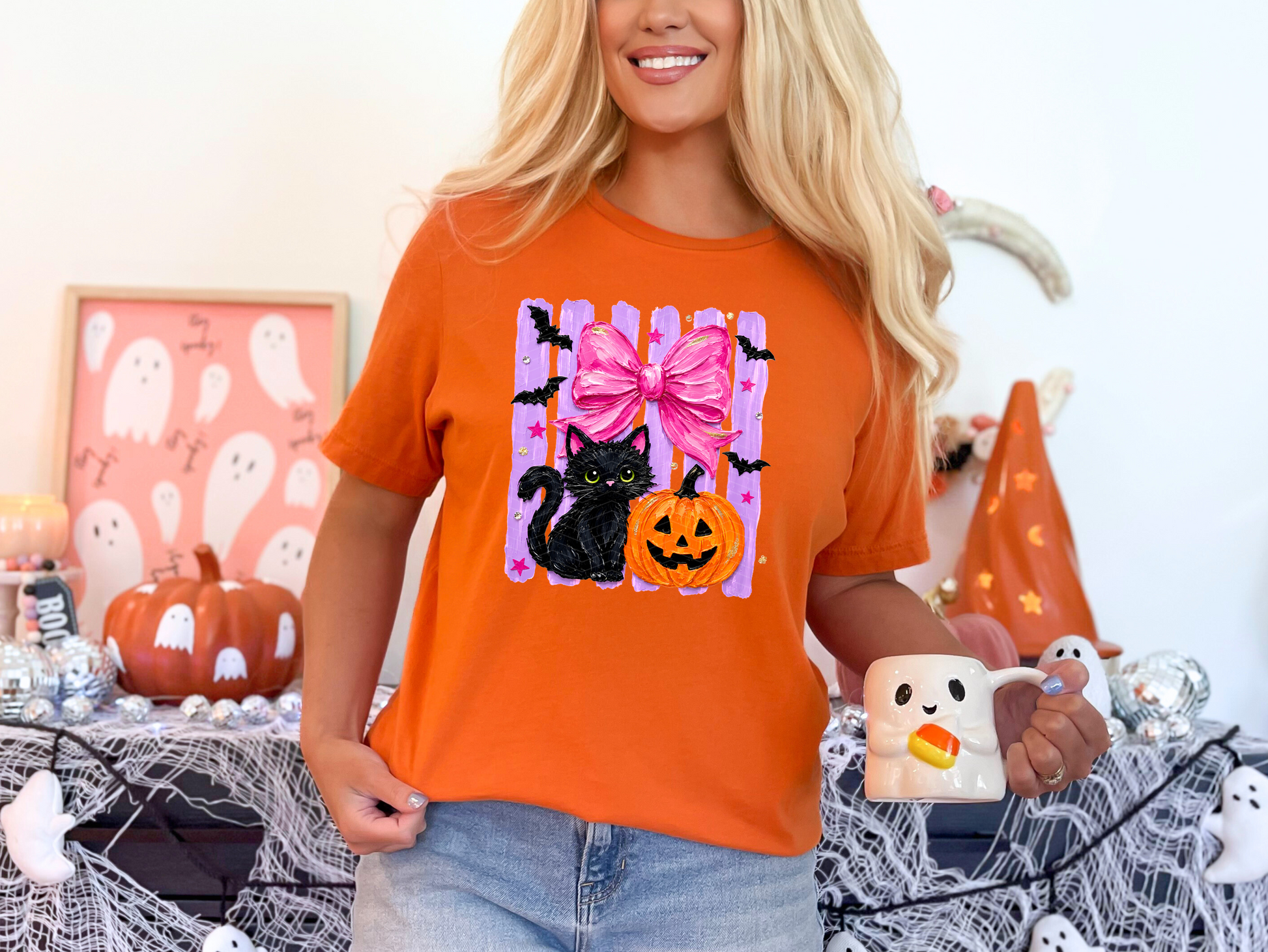 Painted Preppy Stripes Neon Cat & Pumpkin DTF TRANSFER
