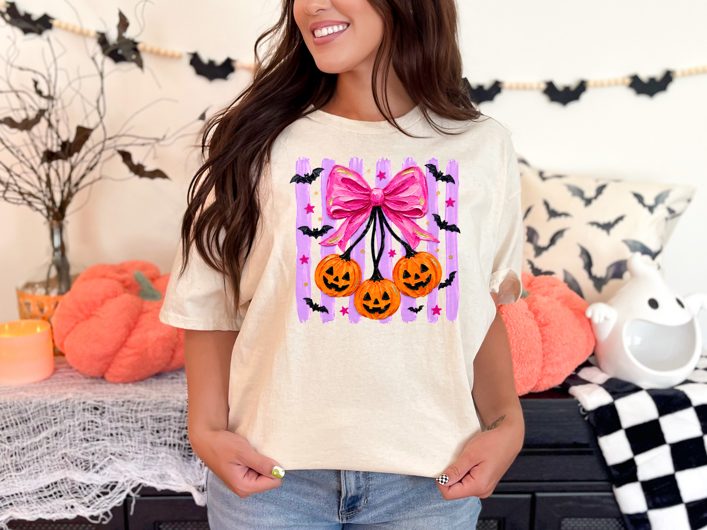 Painted Preppy Stripes Neon Cherry Pumpkins DTF TRANSFER