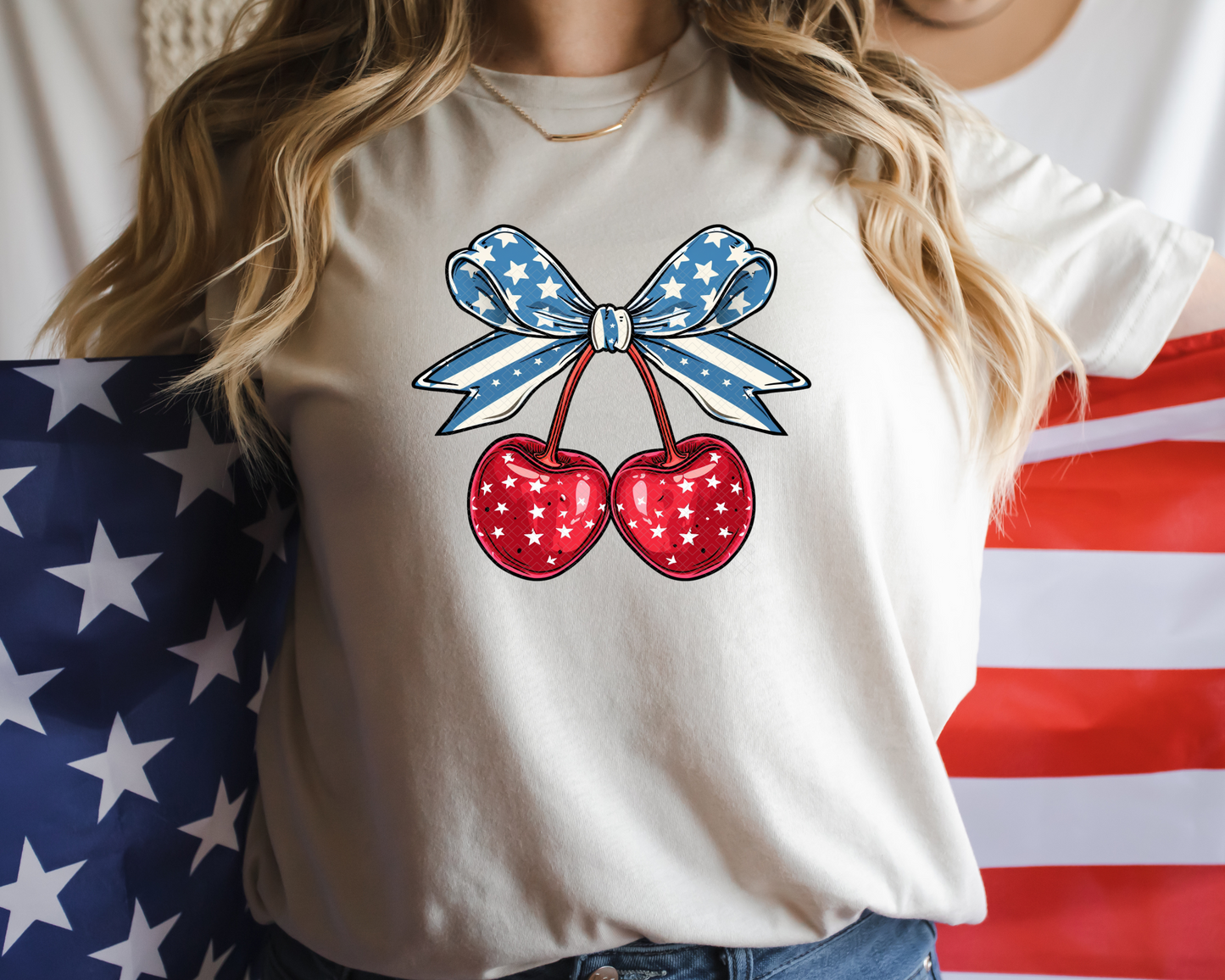 Patriotic Cherries & Bow DTF TRANSFER