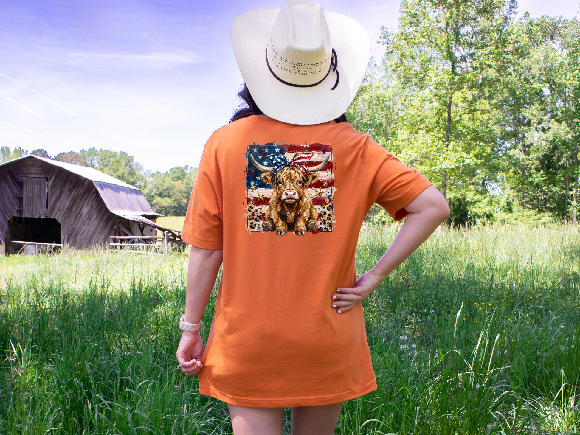 Patriotic Flag HIghland Cow DTF TRANSFER