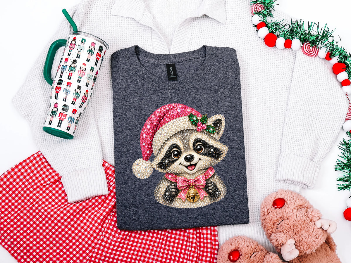 Pink Christmas Raccoon Rhinestone DTF TRANSFER