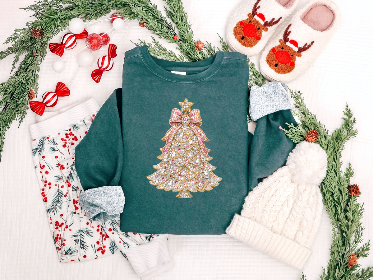 Pink White Christmas Tree Rhinestone DTF TRANSFER