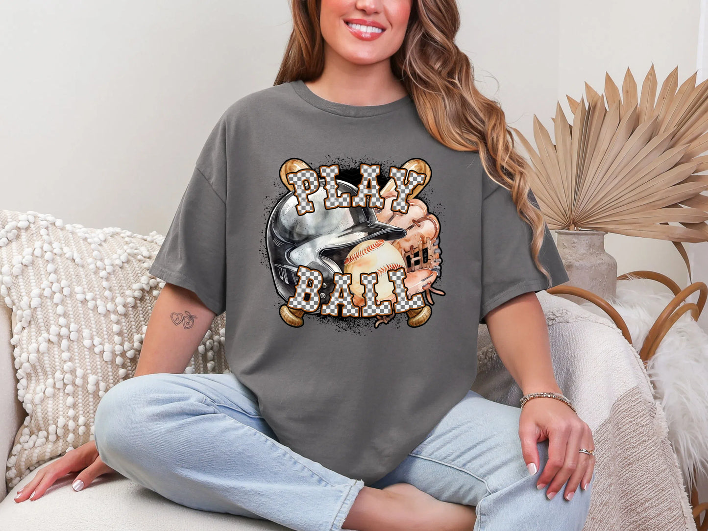 Play Ball Baseball Burnt Orange Checker DTF TRANSFER