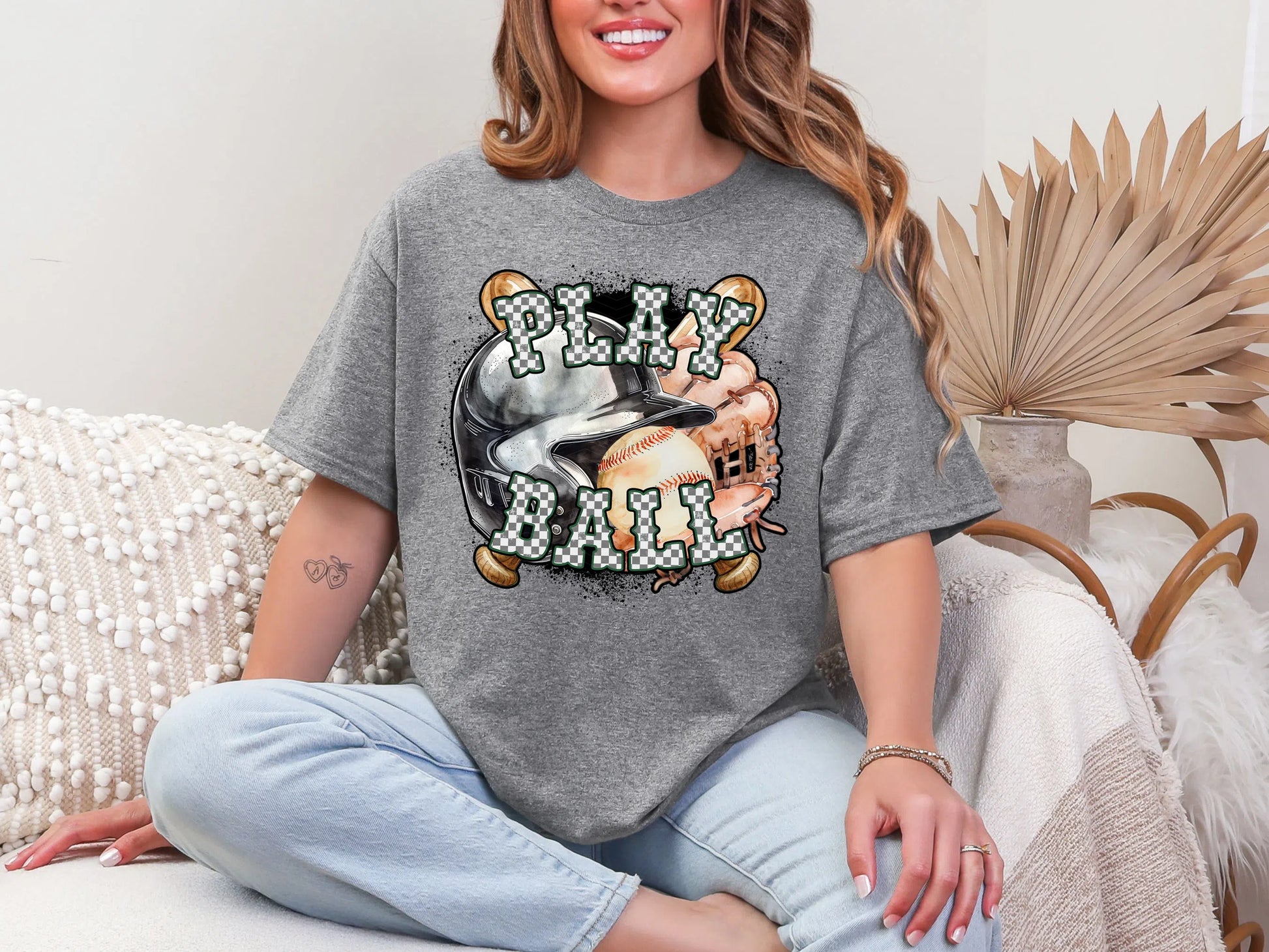 Play Ball Baseball Forest Green Checker DTF TRANSFER