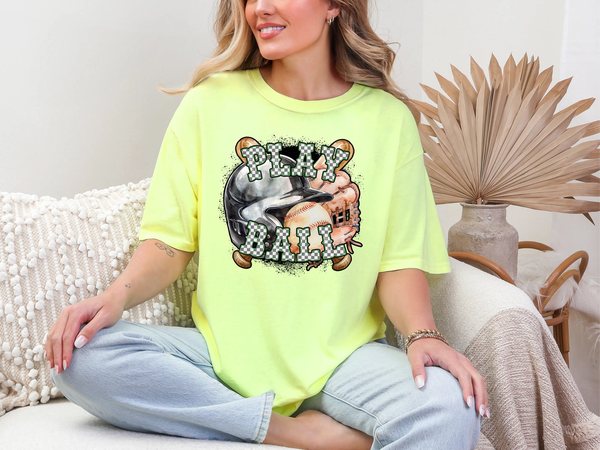 Play Ball Baseball Green Checker DTF TRANSFER