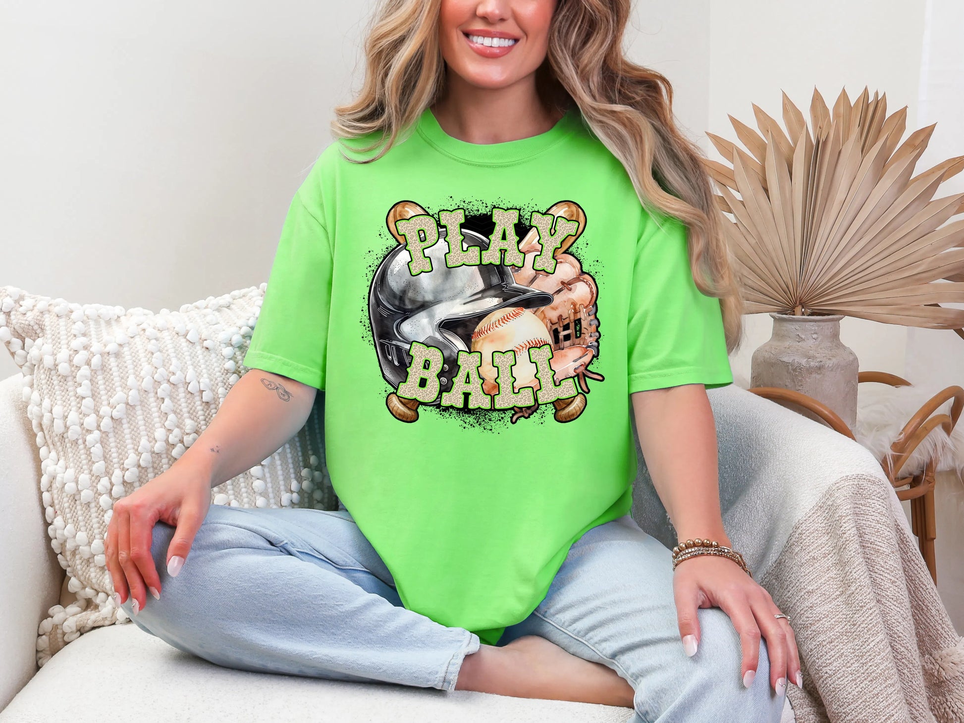 Play Ball Baseball Lime Green Leopard DTF TRANSFER