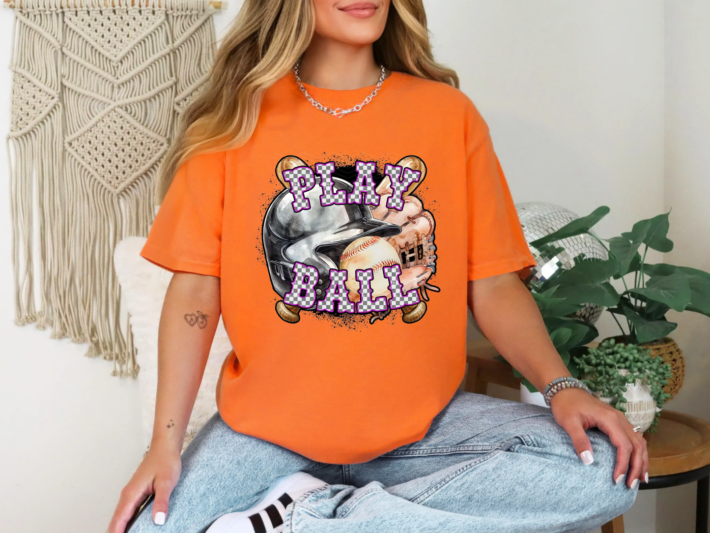 Play Ball Baseball Magenta Checker DTF TRANSFER