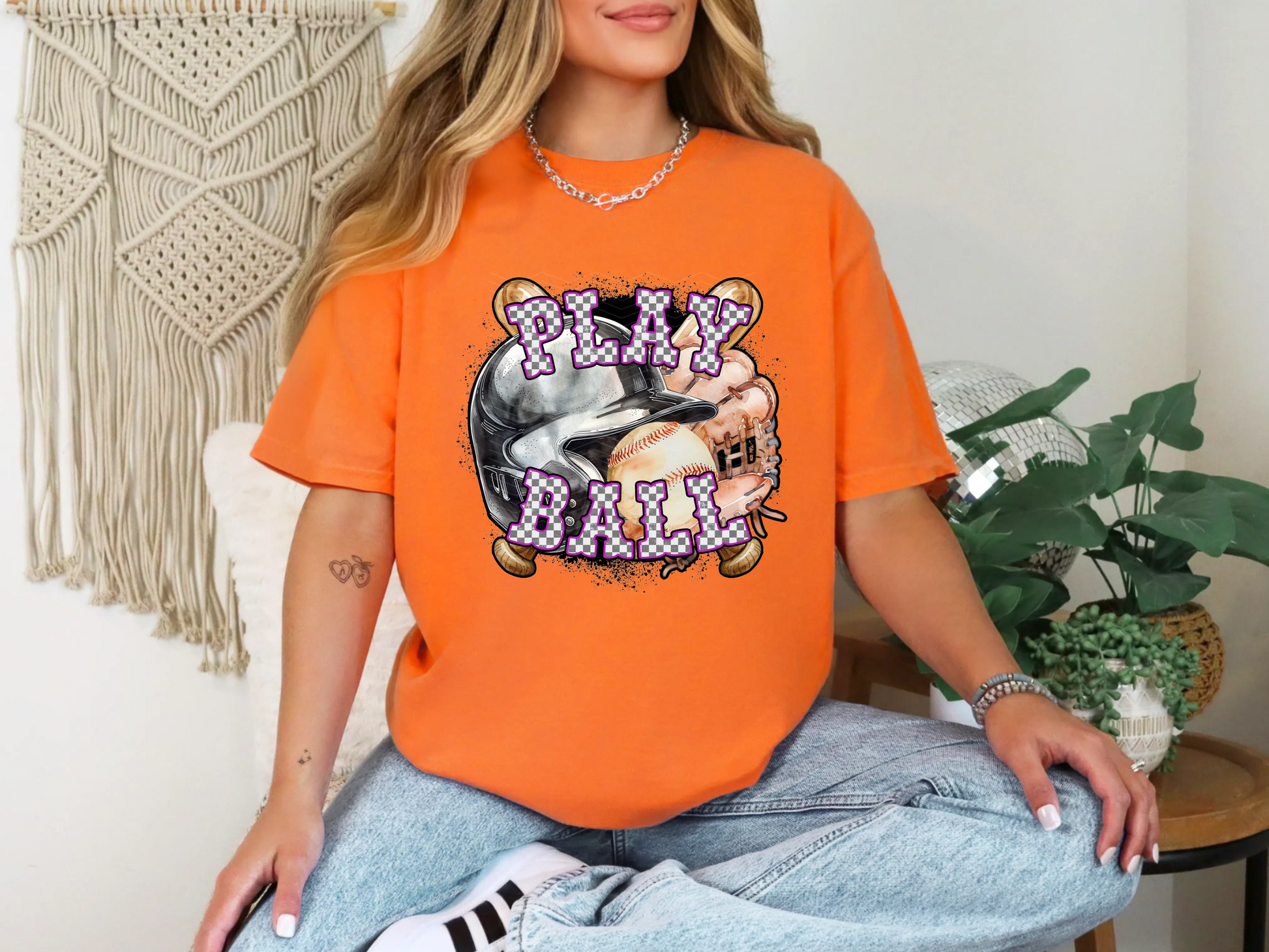 Play Ball Baseball Magenta Checker DTF TRANSFER