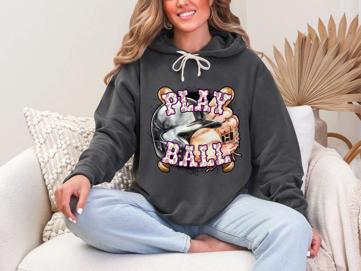 Play Ball Baseball Magenta Cowprint DTF TRANSFER