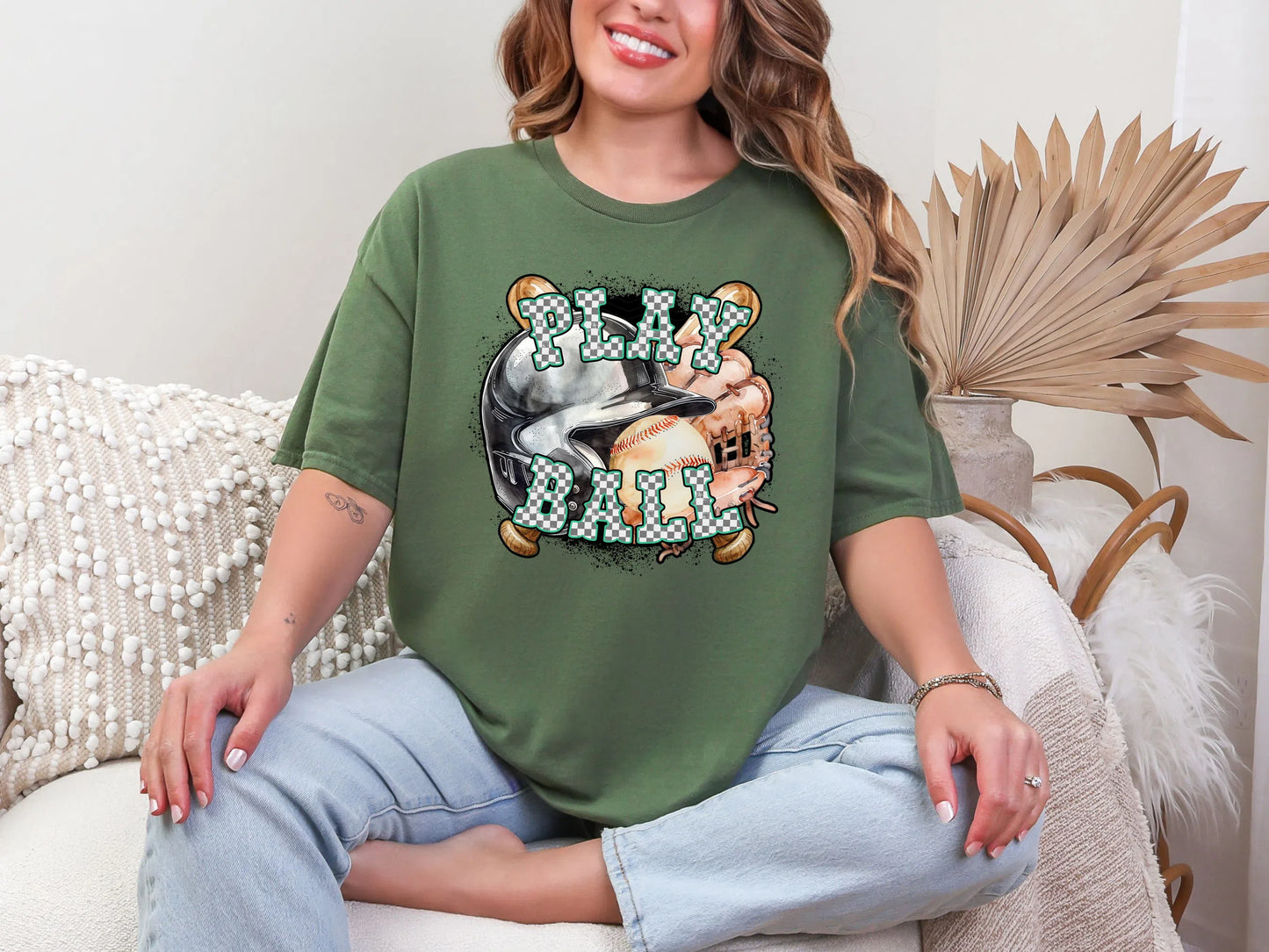 Play Ball Baseball Turquoise Checker DTF TRANSFER