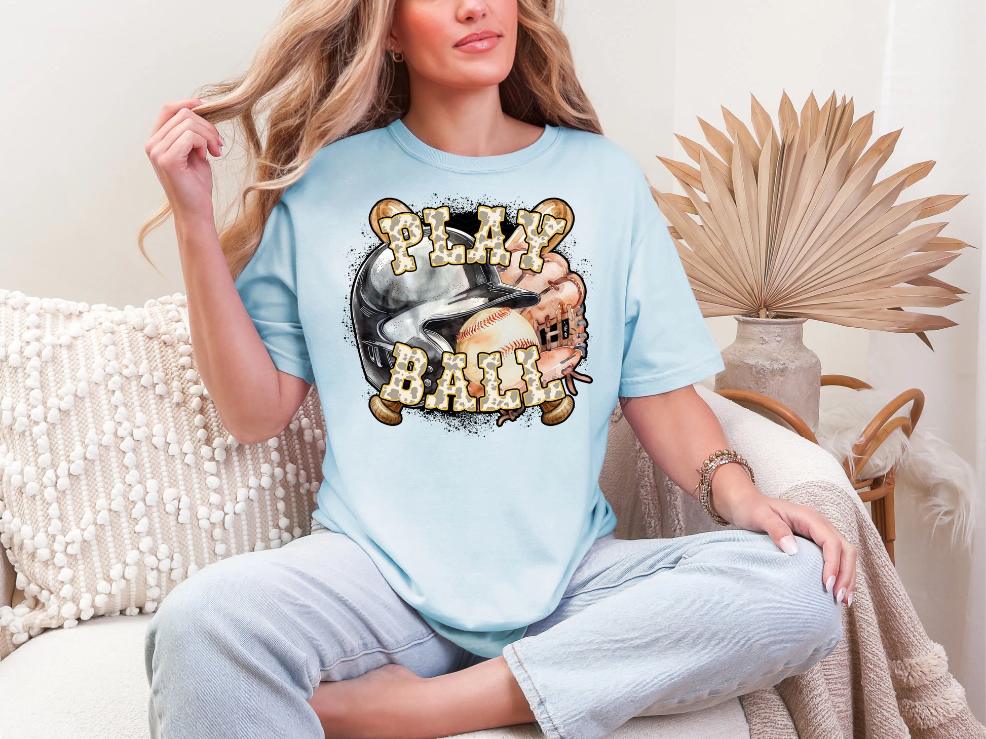 Play Ball Baseball Yellow Cowprint DTF TRANSFER