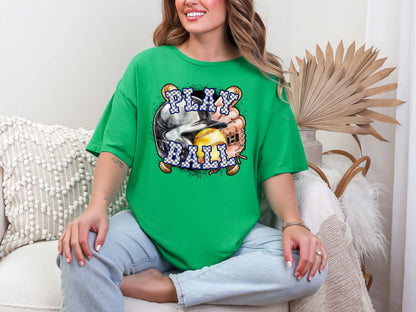 Play Ball Softball Blue Checker DTF TRANSFER