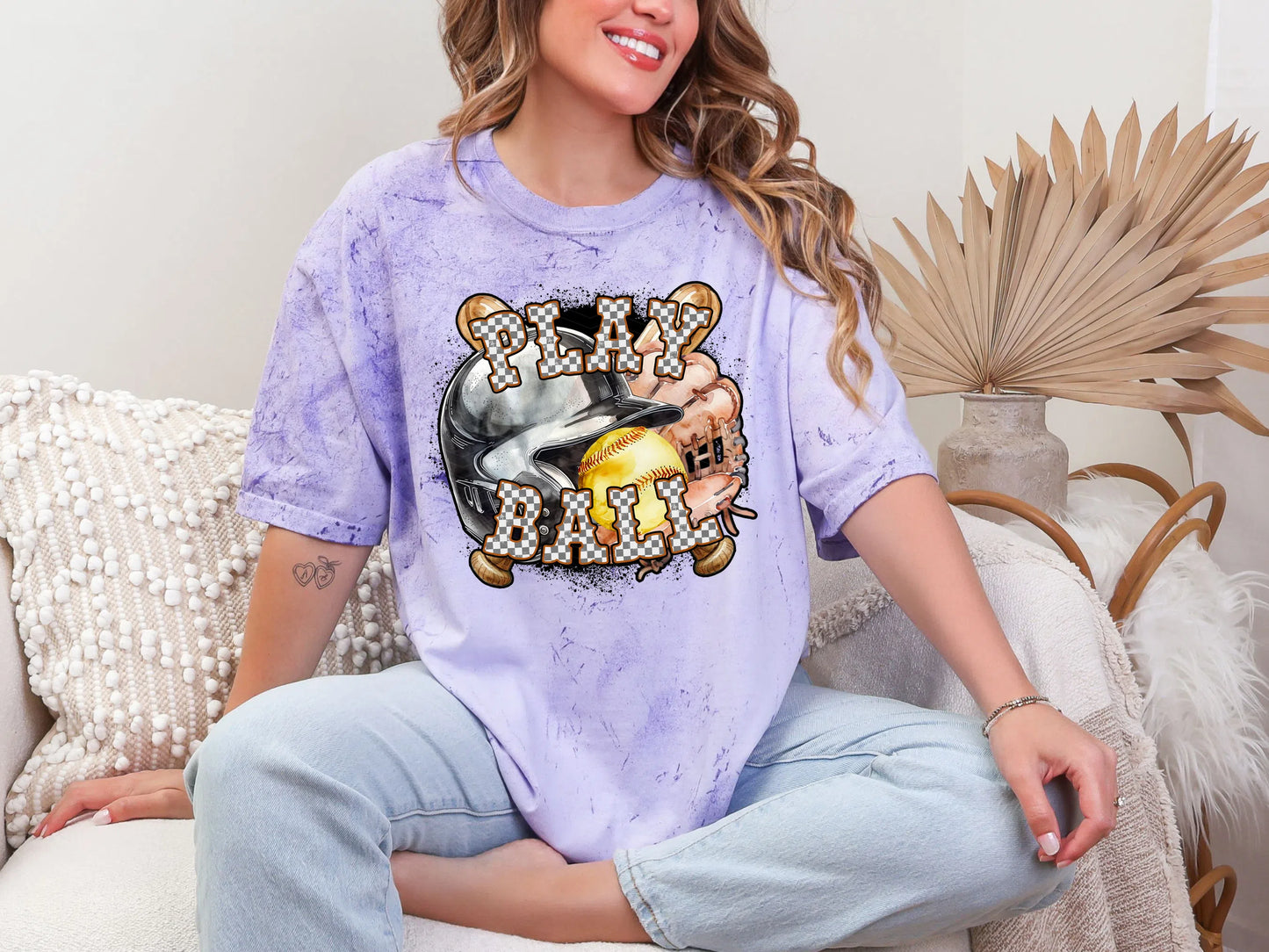 Play Ball Softball Burnt Orange Checker DTF TRANSFER