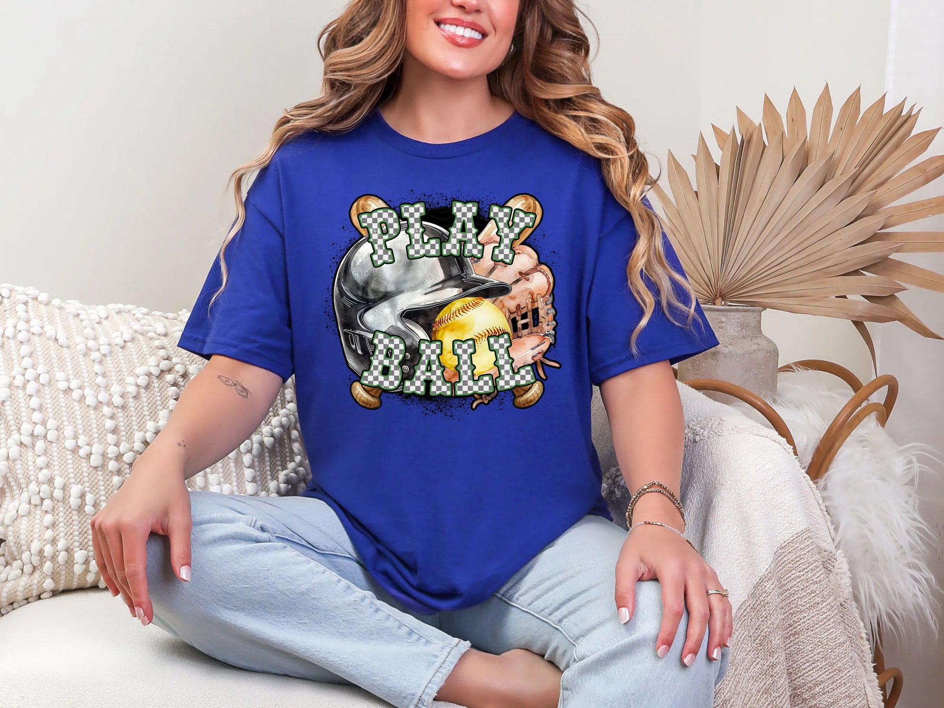 Play Ball Softball Green Checker DTF TRANSFER