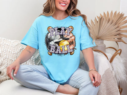 Play Ball Softball Lavendar Checker DTF TRANSFER