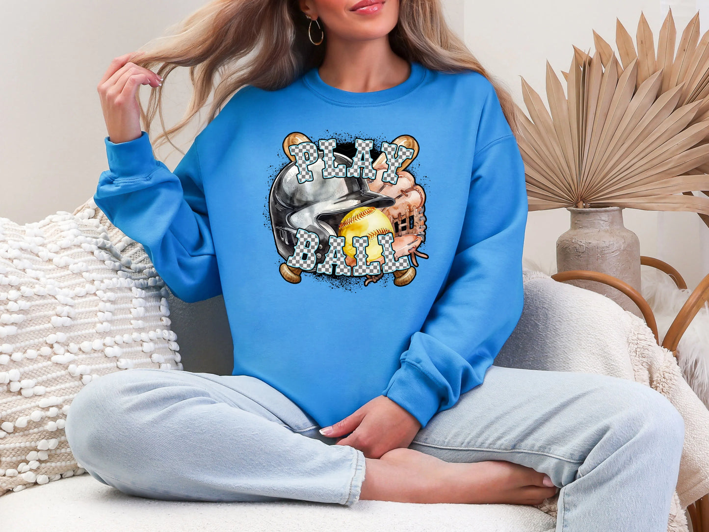 Play Ball Softball Light Blue Checker DTF TRANSFER
