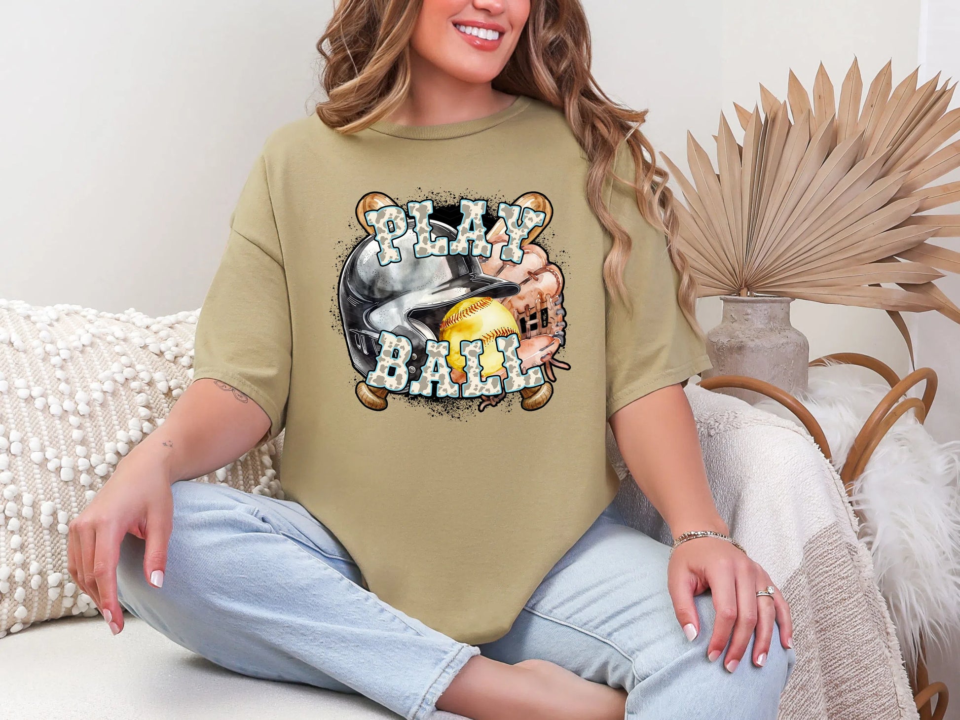 Play Ball Softball Light Blue Cowprint DTF TRANSFER