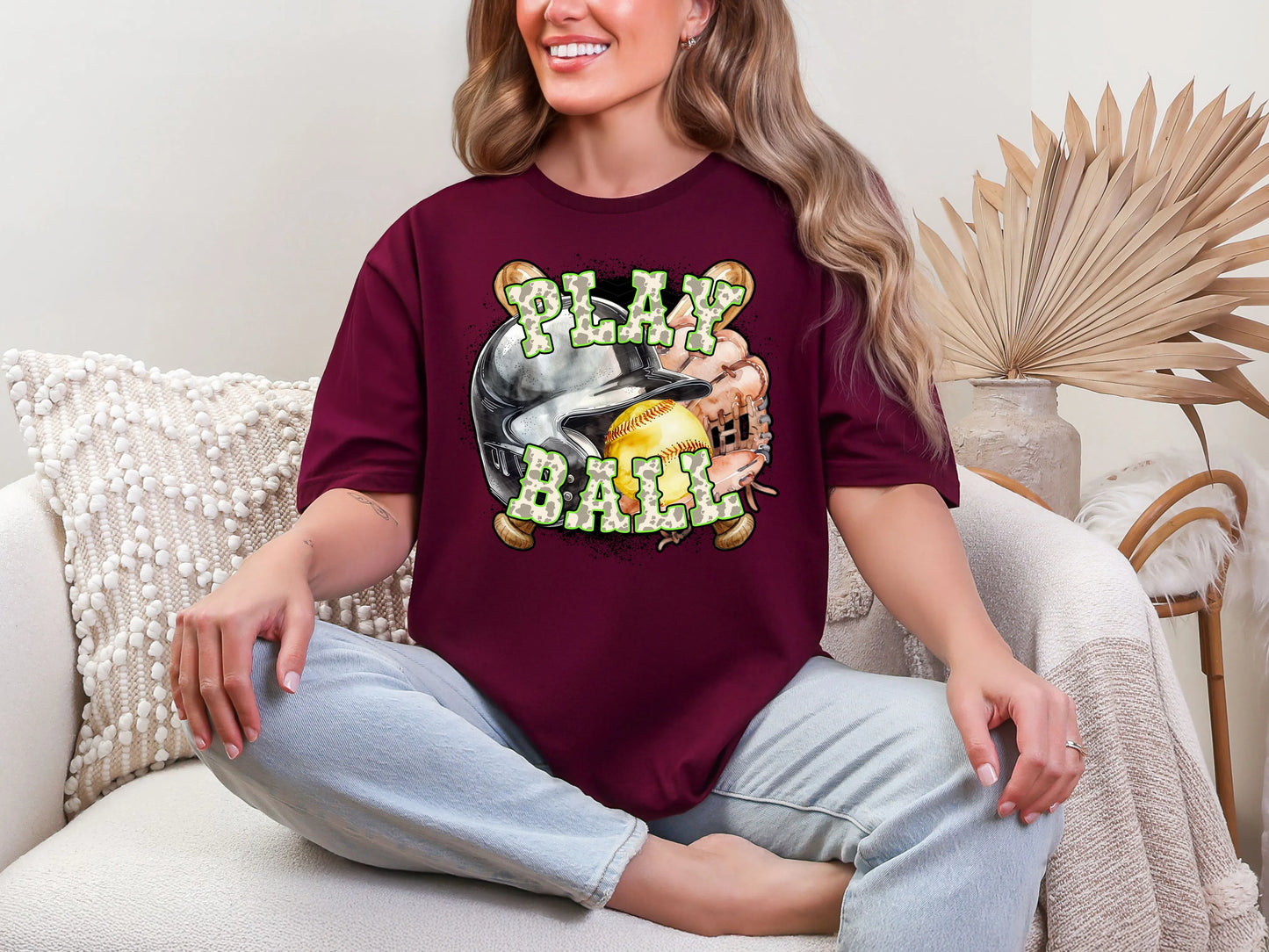 Play Ball Softball Lime Green Cowprint DTF TRANSFER