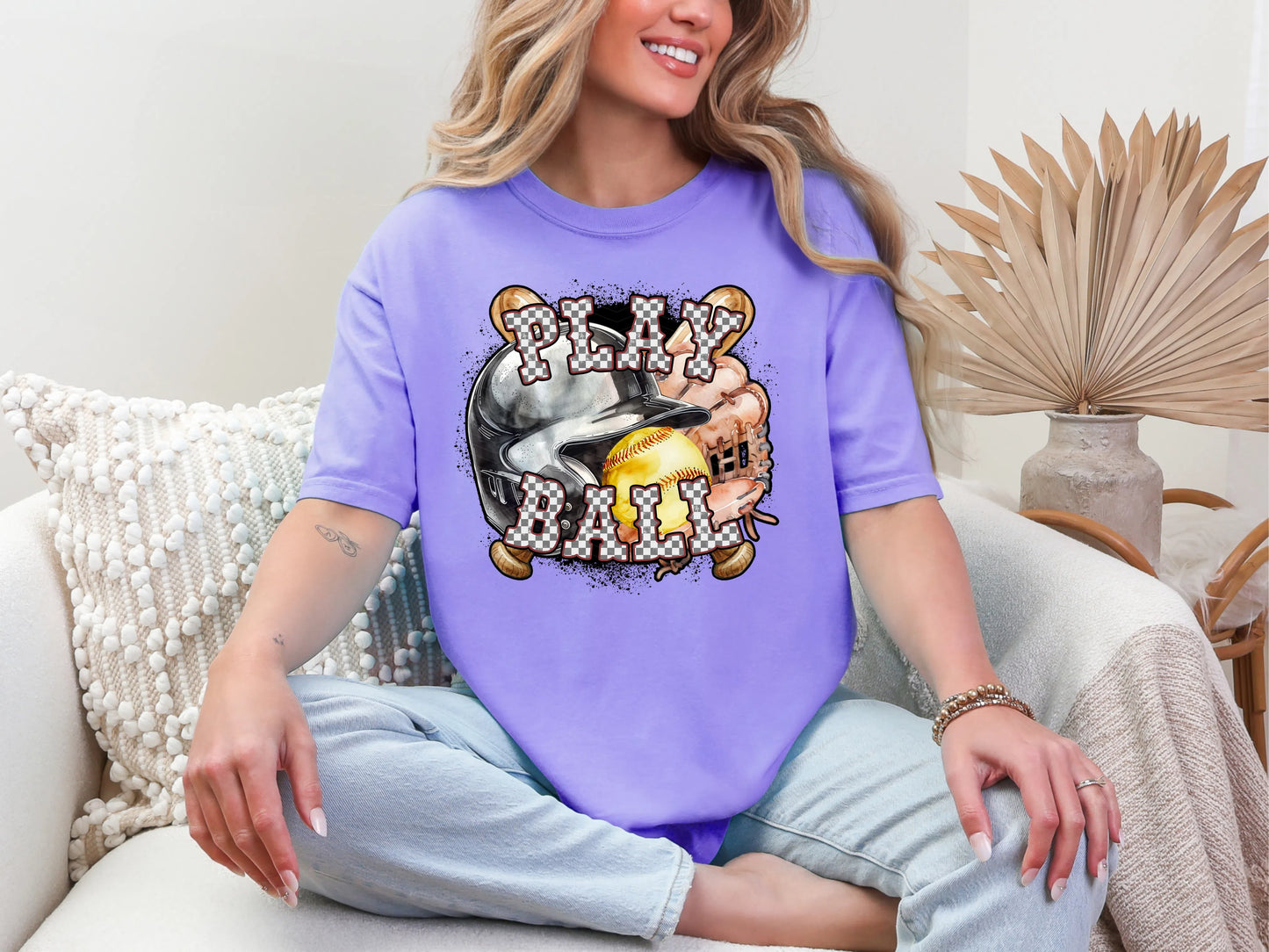 Play Ball Softball Maroon Checker DTF TRANSFER