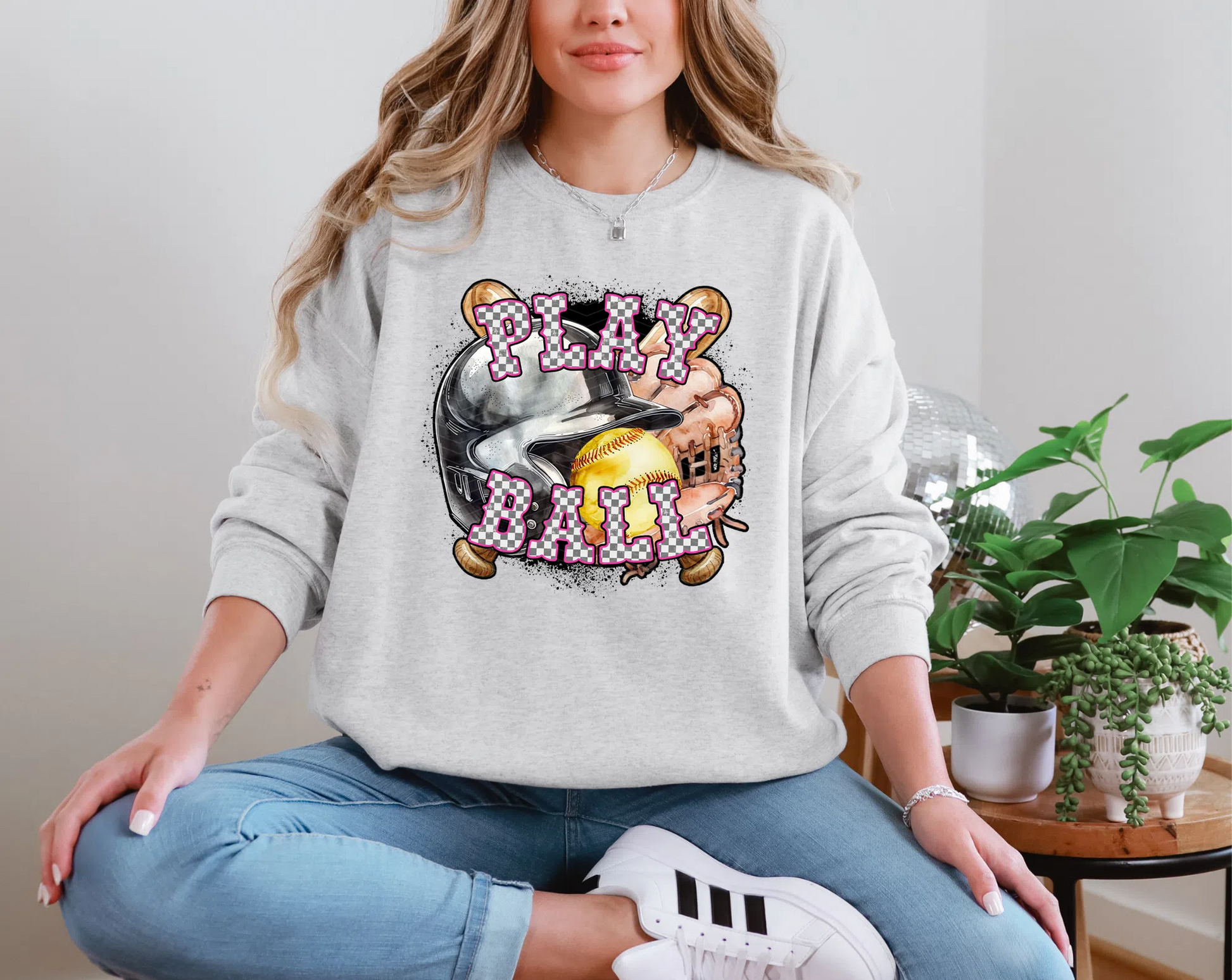 Play Ball Softball Pink Checker DTF TRANSFER