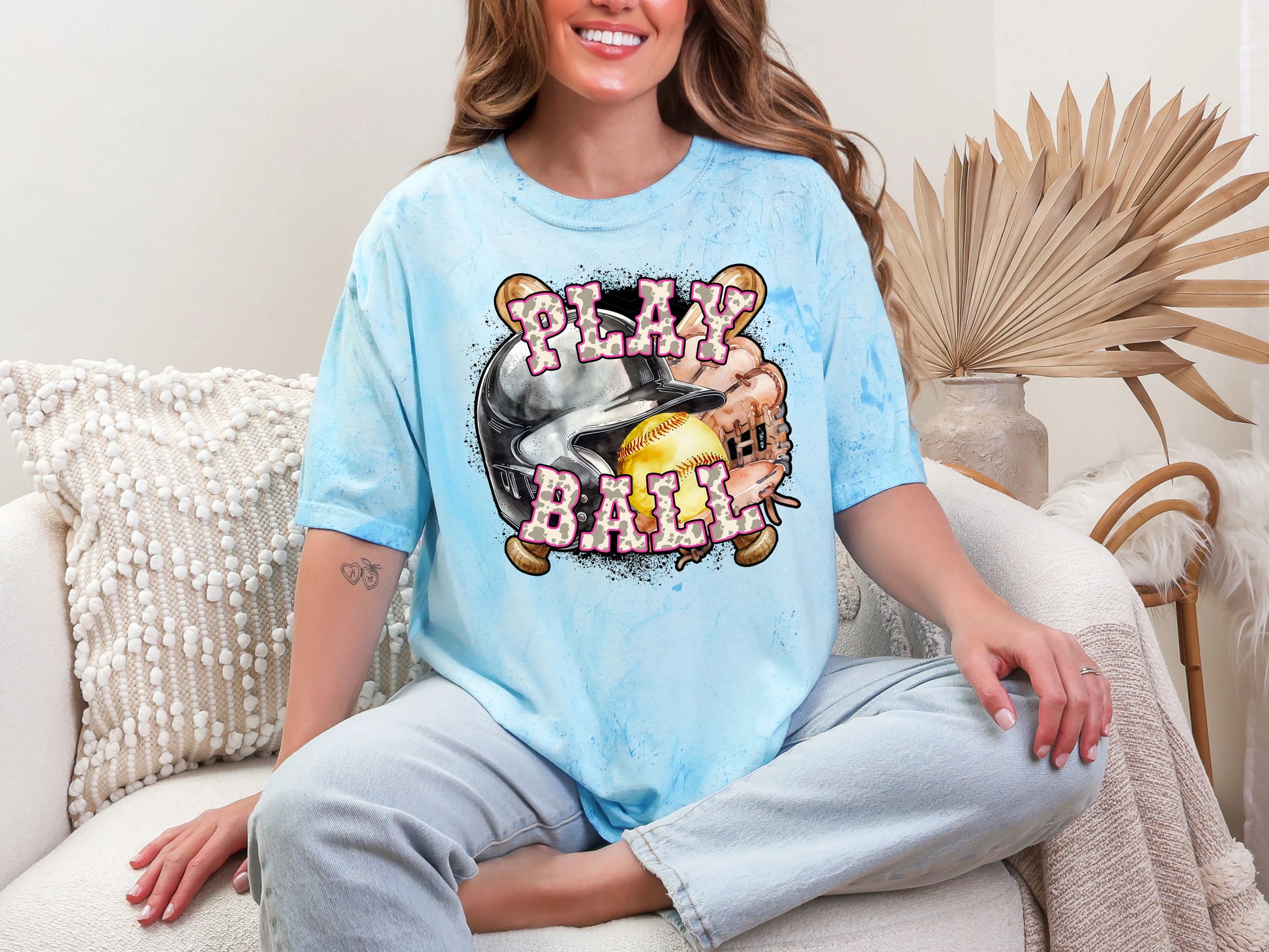 Play Ball Softball Pink Cowprint DTF TRANSFER