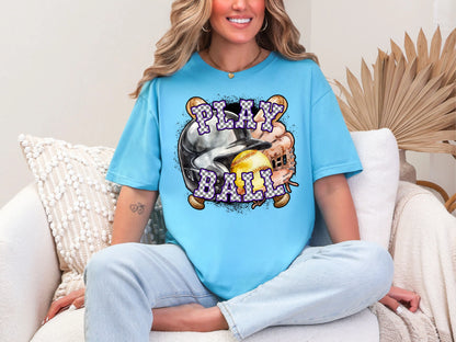 Play Ball Softball Purple Checker DTF TRANSFER