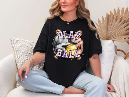 Play Ball Softball Purple Cowprint DTF TRANSFER