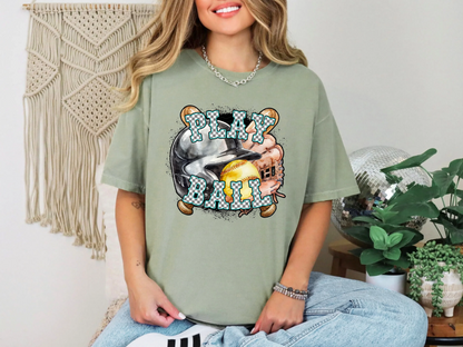 Play Ball Softball Teal Checker DTF TRANSFER