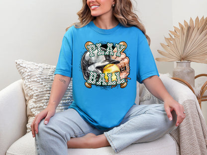 Play Ball Softball Turquoise Checker DTF TRANSFER