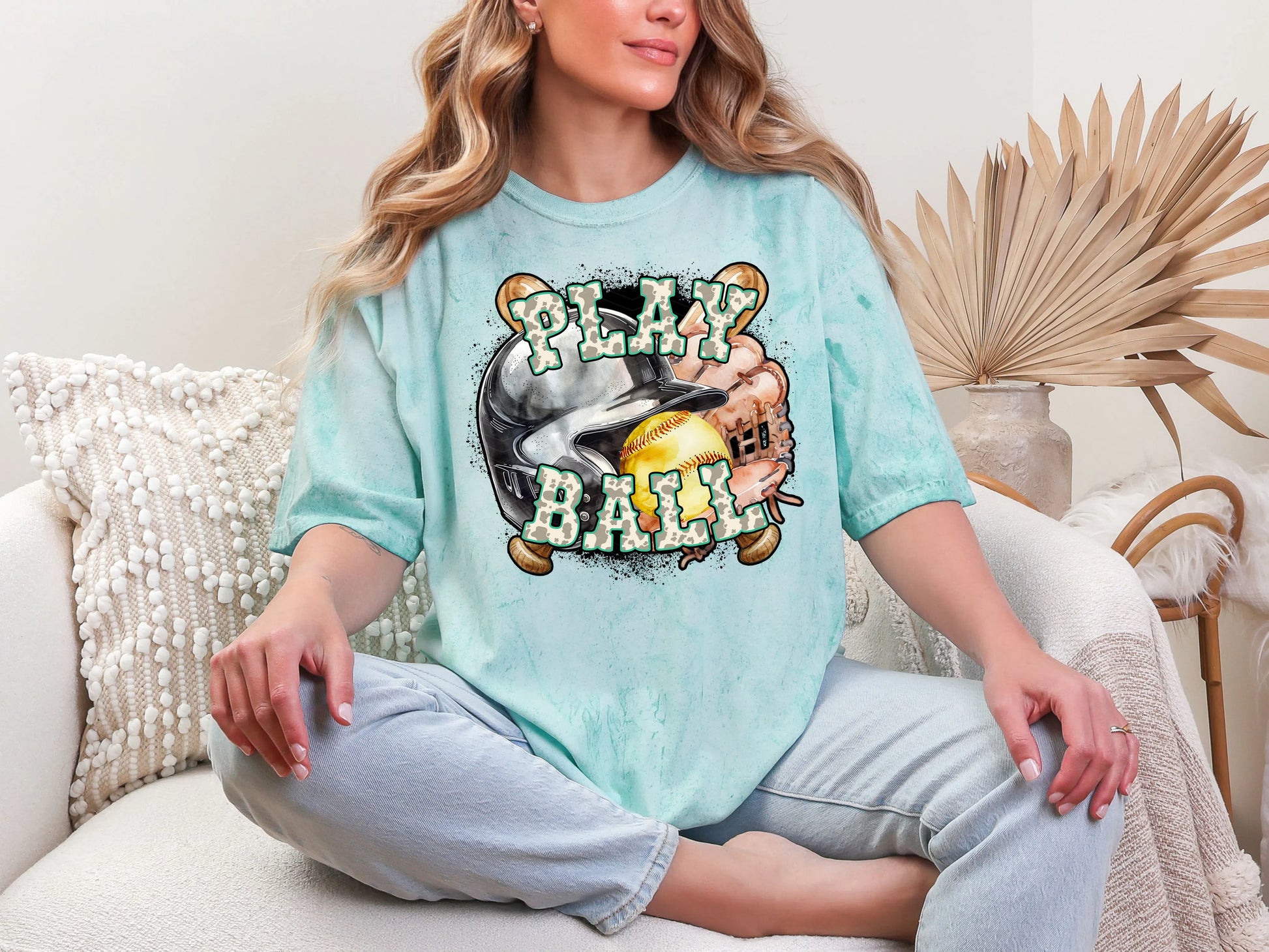 Play Ball Softball Turquoise Cowprint DTF TRANSFER
